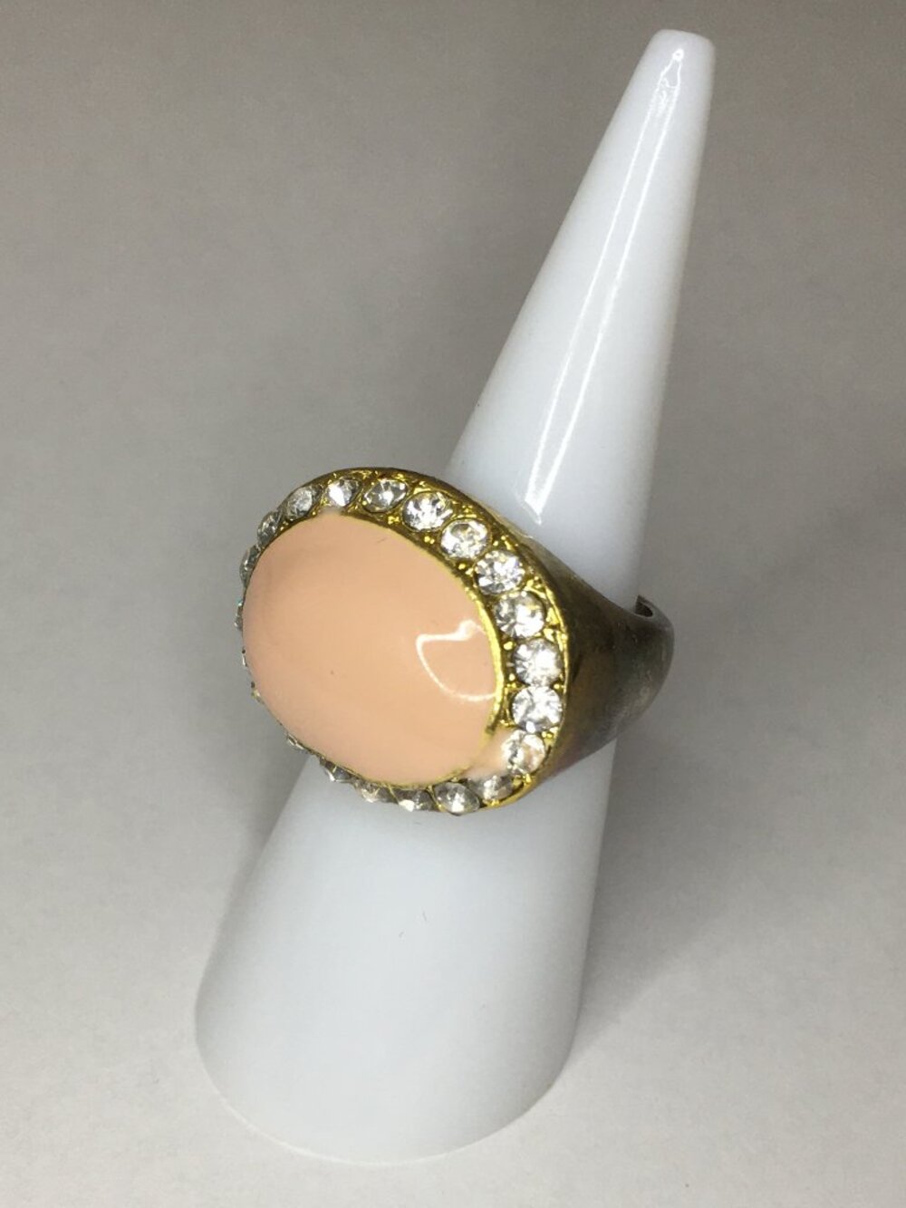 NEW Gold Band Peach Enamel Lacquer Silver Rhinestone Oval Jewelry Ring